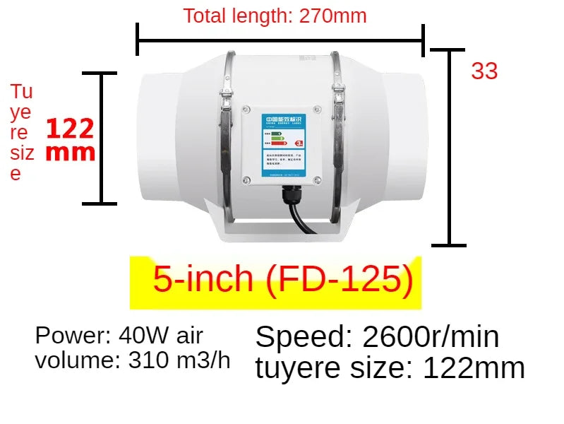 4"5"6" Electric Exhaust Fan Silent Pipe Duct Fan Bathroom Extractor Ventilation Kitchen Toilet Wall Air Cleaning Window Fan