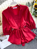 Women's Temperament Shirt Summer Design Ruffles Lace Up Waist Wild Shirt Tide Solid V-Neck Three Quarter Shirts Top ML673