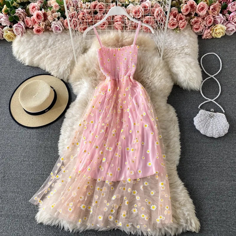 YuooMuoo Chic Fashion Fairy Daisy Flower Print Summer Dress Women Slim Elastic Two Layers Straps Long Party Dress Beach Sundress