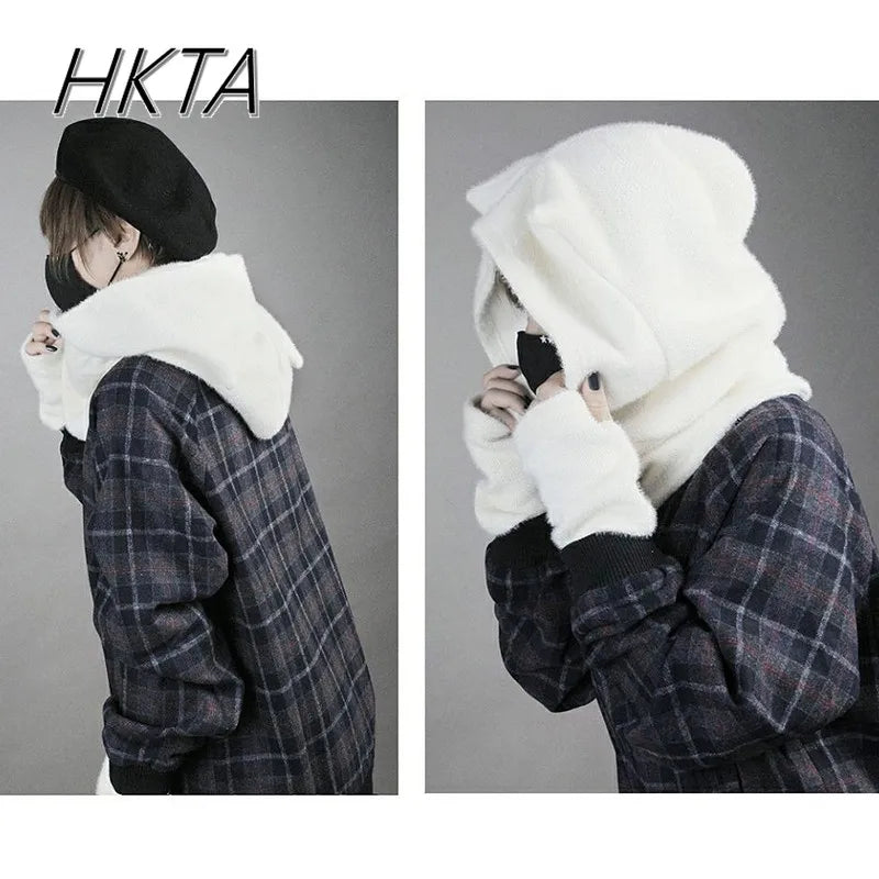 Japanese Harajuku Embroidery New Plush Dark Series Hat Student Boys and Girls Cat Ears Hats Scarf Winter Hat Y2K Halloween Cap