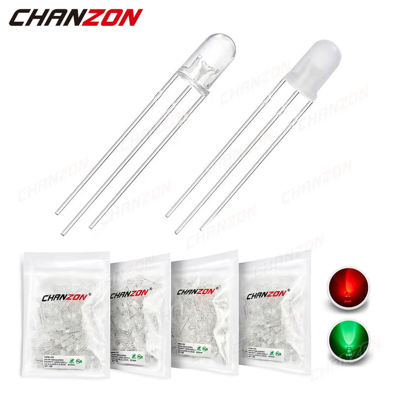 100pcs 5mm LED Light Emitting Diode Lamp Bulb Bicolor Red Green Common Anode Cathode Transparent Diffused Micro Indicator 3V