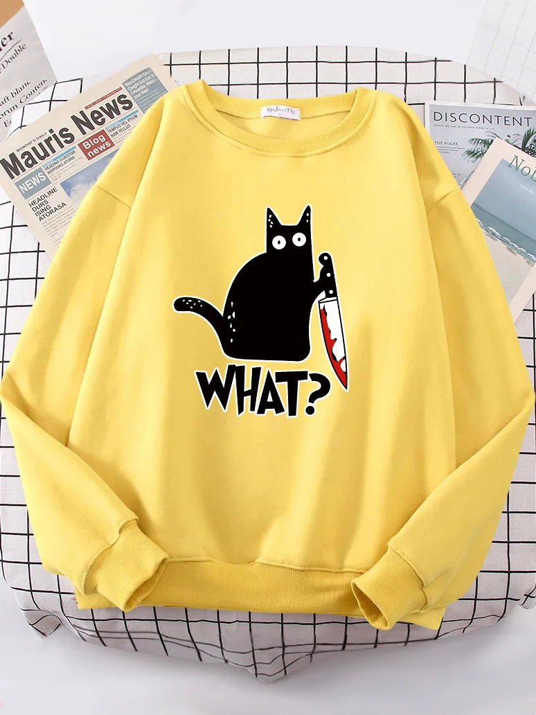 Kitchen Knife Black Cat Wha? Women Sweatshirt Harajuku Casual Hoody Fashion Loose Hoodie Soft Warm vintage Fleece Female Tops