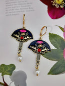 Creative Thistle Flower Drop Earrings Women Ethnic Black Enamel Fan Shaped Red Stone Pearl Statement Earrings