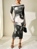 Spring New Women's Maxi Dresses Clubwear Fashion Long Sleeves Tie-Dye O-Neck Slim Dress Black Sexy Lady Elegant Dresses Clothing