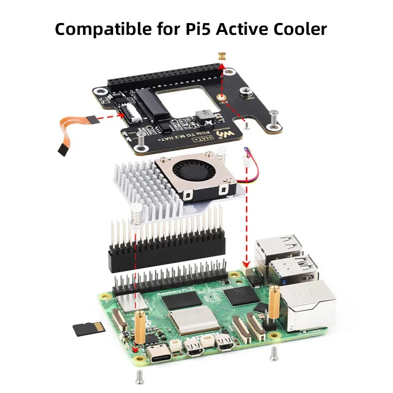 PCIe to M.2 HAT Raspberry Pi 5 NVME High Speed Expansion Board Gen 2 3 with 16P Cable GPIO Header Active Cooler for RPI 5 Pi5