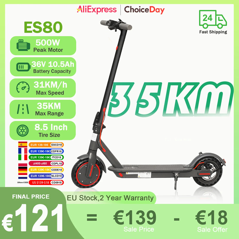 ES80/M365 X1 Electric Scooter 36V 10.5Ah 500W Motor 35KM Long Range 31KM/H 8.5Inch Solid Tires Foldable Smart APP EScooter