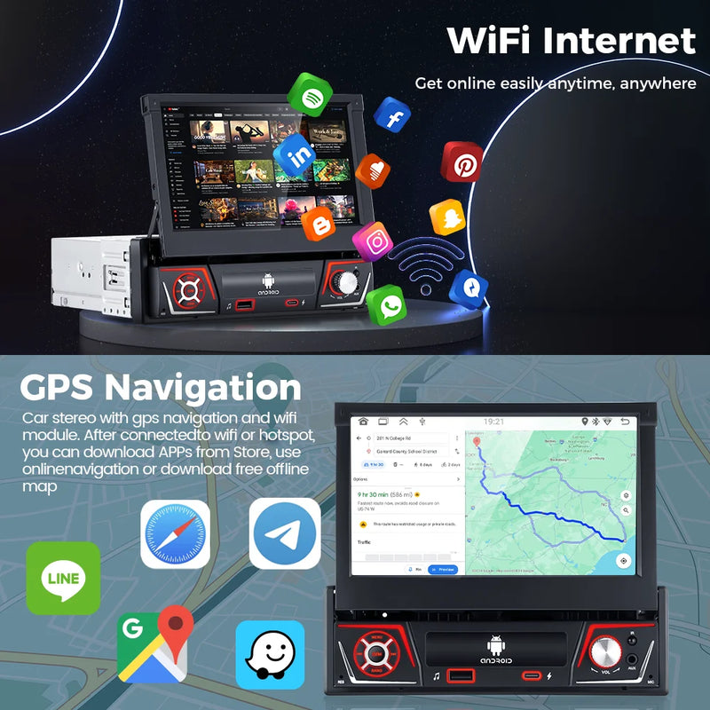 1 din Car Radio Android Carplay Auto Universal 7" IPS Retractable Screen gps Navigation 1Din Android 12 Multimedia Video Player