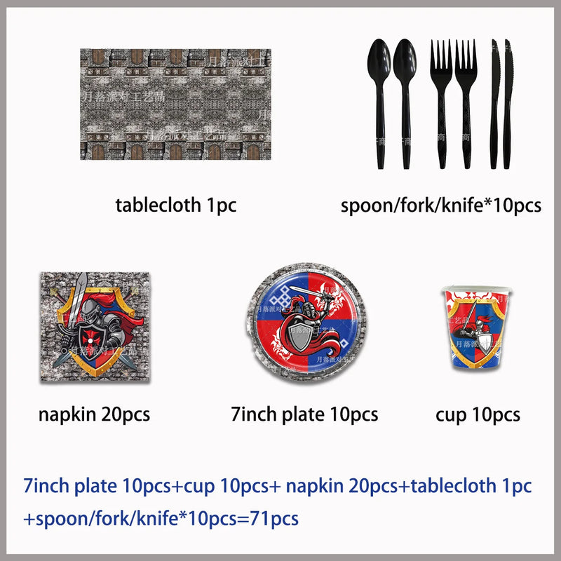 Middle Ages Armored Knight Theme Children's Birthday Party Decoration Supplies Disposable Backdrop Plate Banner Baby Shower Gift