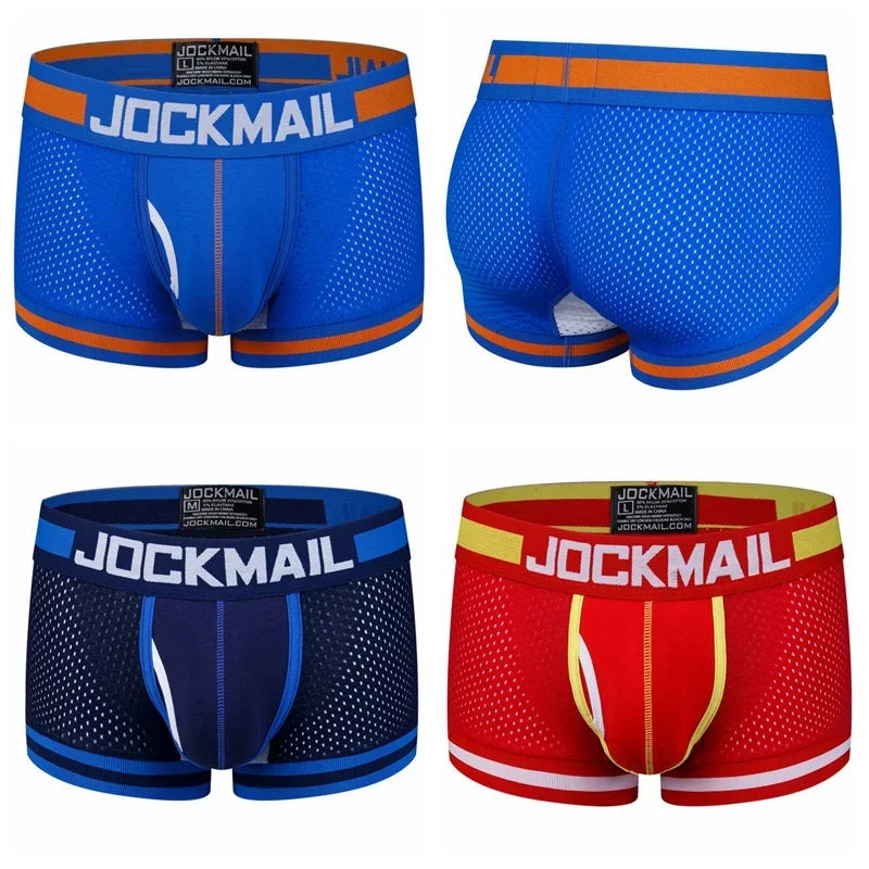 JOCKMAIL Classic Boxer Shorts Breathable mesh Splicing cotton Men's underwear Fashion low waist underpants white trunks