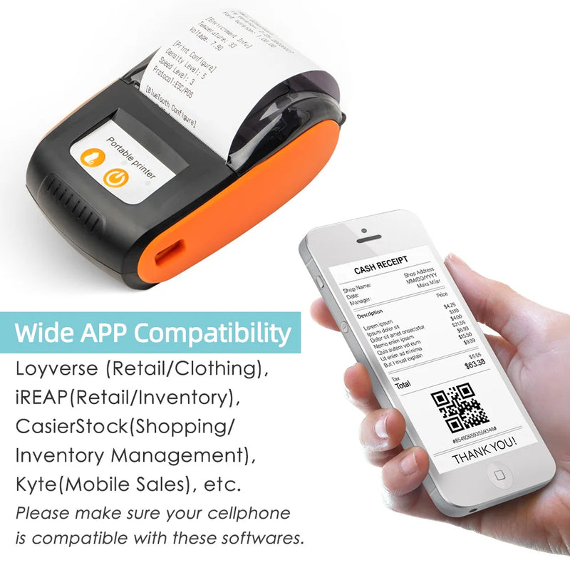 Receipt Printer 58mm Mini Thermal Printing Wireless BT USB Mobile PrinterCompatible with Android/iOS/Windows System
