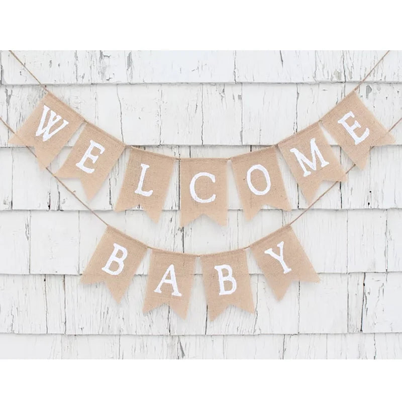 Gender Neutral Baby Shower Welcome Baby Burlap Banner Rustic Birthday Signs Boy Girl Party Boha Flags Decoration Favors for Kids