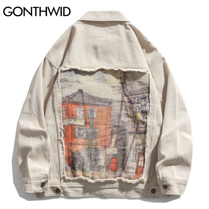 GONTHWID Hip Hop Denim Jacket Streetwear Mens Vintage Painting Ripped Jean Coats 2023 Harajuku Autumn Cotton Jackets Green Khaki