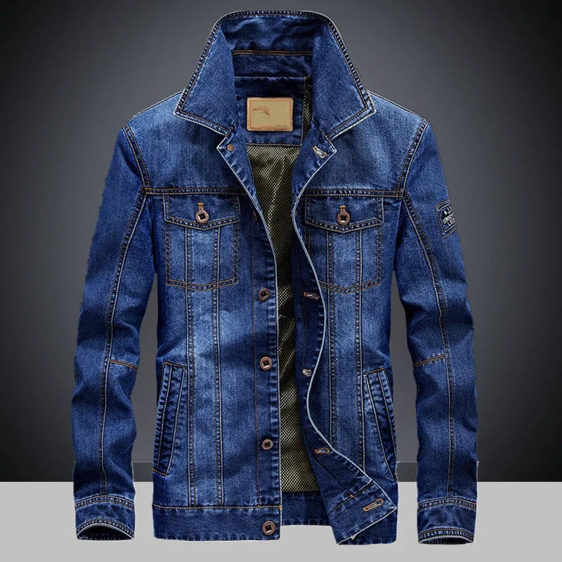 casual denim jacket, spring and autumn style Jeans Coat for Men Light Denim jacket, men's multi bag retro denim jacket