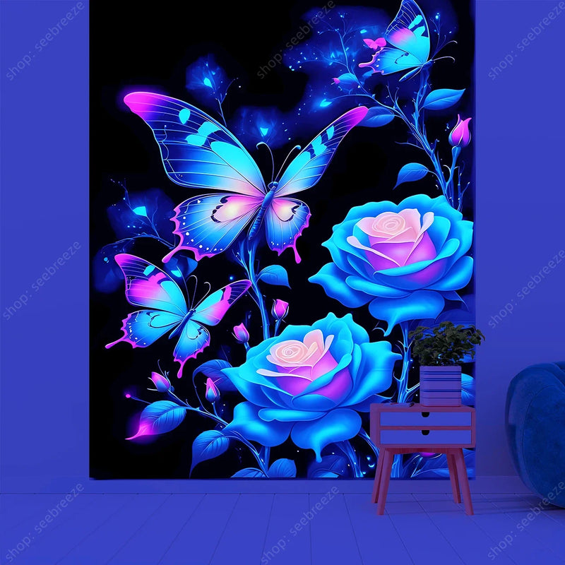 Butterfly Flower UV Reactive Tapestry Wall Hanging Hippie Boho Room Decor Aesthetic Psychedelic Home Dorm Wall Decor Party Decor