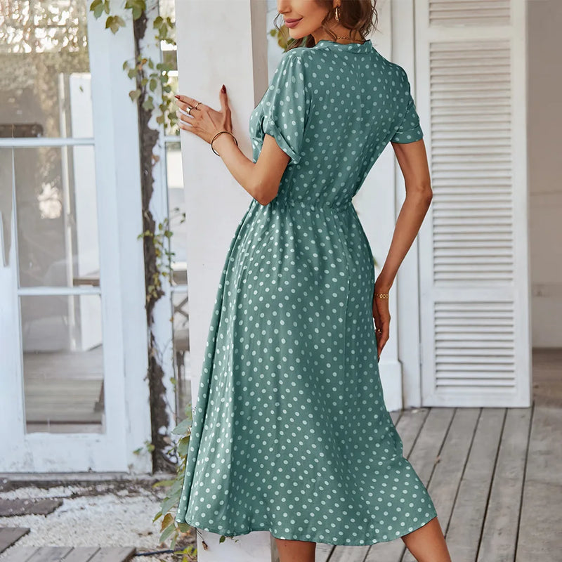 Ladies Polka Dot Print Shirt Dress Women Casual Midi Holiday Summer Dress Female Loose Women Beach Dress Sundress Robe Vestidos