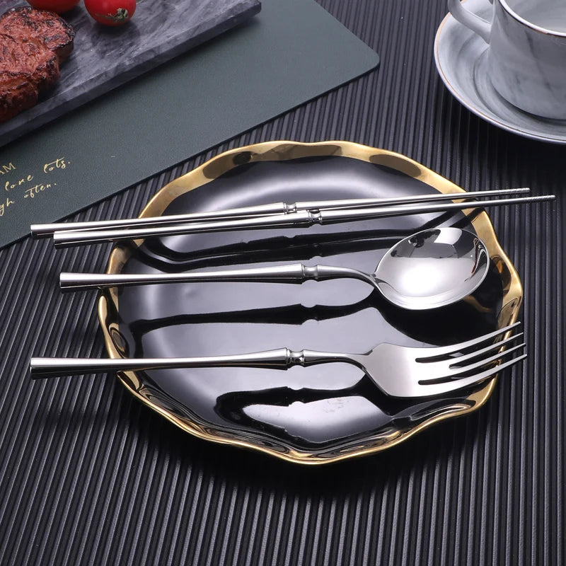 Bright Silver 18/10 Stainless Steel Luxury Cutlery Dinnerware Tableware Knife Spoon Fork Chopsticks Flatware Set Dishwasher Safe
