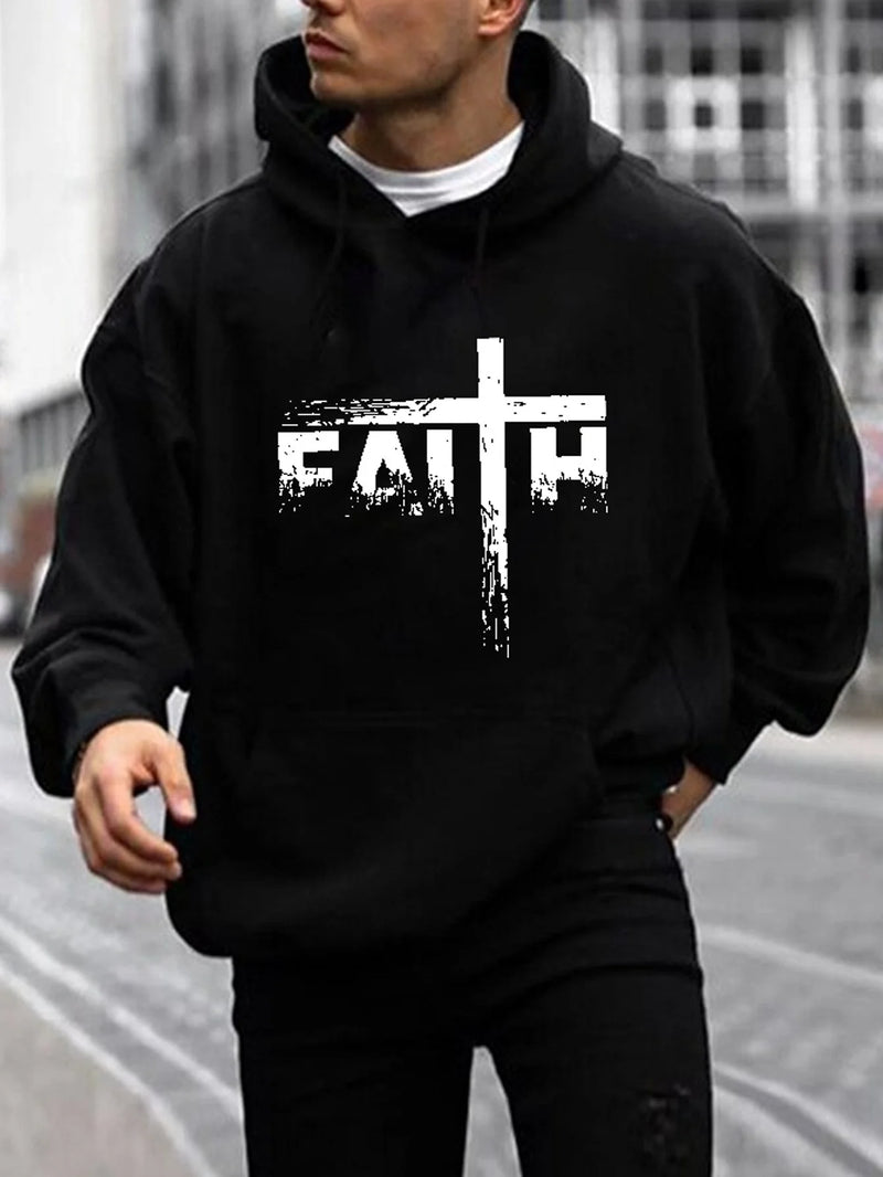 FAITH Print Hoodie, Cool Hoodies For Men, Men's Casual Graphic Design Pullover Hooded Sweatshirt With Kangaroo Pocket Streetwear