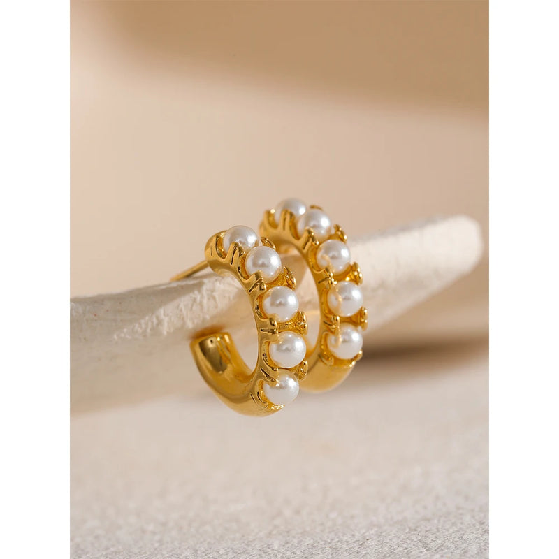 Yhpup Elegant Imitation Pearls Geometric Stainless Steel 18K Gold Plated Hoop Earrings Fashion Waterproof Delicate Jewelry Women