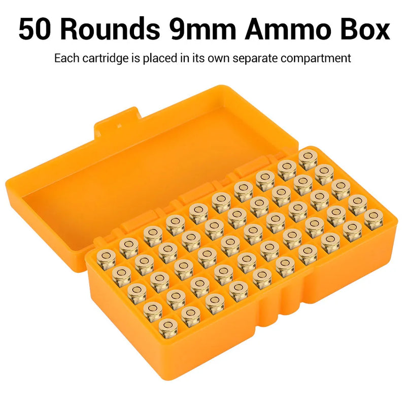 50 Rounds Tactical Ammo Box 9mm Pistol Rifle Ammo Bullet Carry Storage Box Flip-Top Cartridge Storage Case Hunting Accessory