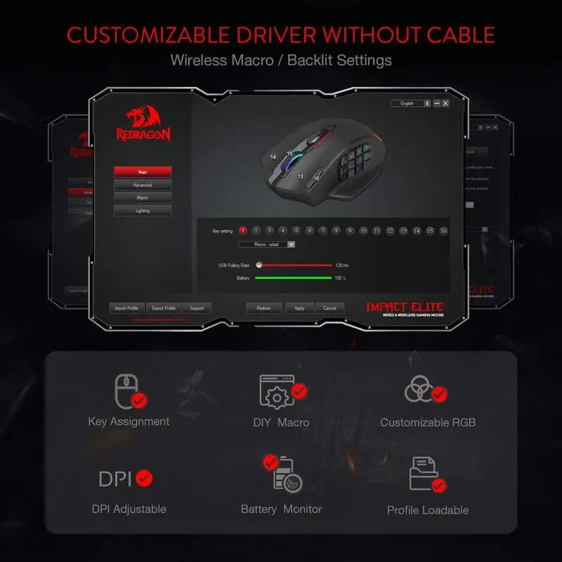 Redragon M913 Gaming 16000 DPI Wired 2.4Ghz Wireless RGB Optical Gamer Mice 16 Programmable Buttons, Black/White Mouse