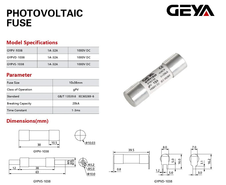 GEYA GYPV-32 2P Parallel DC Fuse Holder 10*38mm High Voltage Solar PV 1000VDC Fuse Link 2A 6A 10A 15A 20A 25A 30A