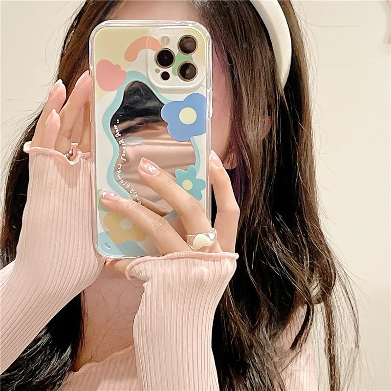 Cartoon Flower Mirror Make Up Case for iPhone 15 14 13 Pro Max 12 11 Camera Protection Shockproof Soft Cover for iPhone 15Pro