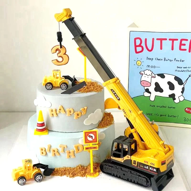 Excavator Crane Tractor Birthday Cake Topper Construction Party Cake Decor Kids Boy 1st Baby Shower One Year Happy Birthday Cake