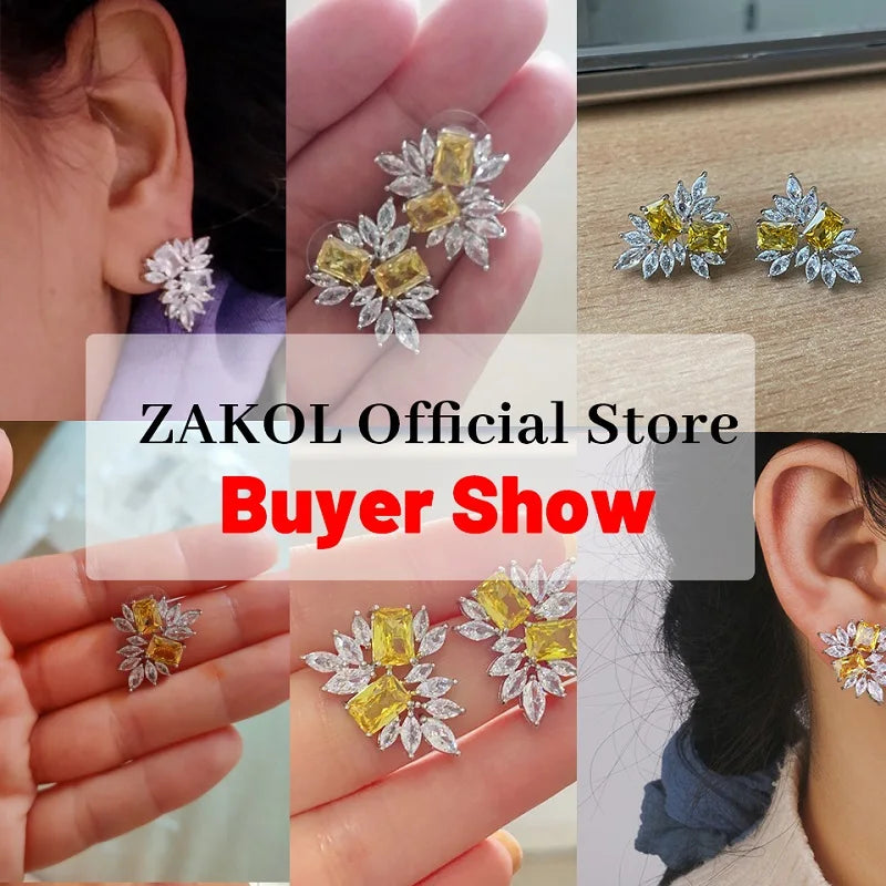 ZAKOL Fashion Yellow Leaf Stud Earrings for Women Shinny Geometry Cubic Zirconia Bridal Earring Wedding Party Jewelry
