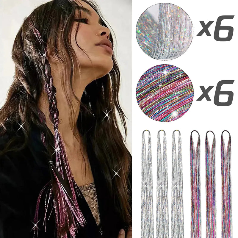 Tinsel Hair Extension 12pcs Glitter Sparkling Shinny Fairy Hair Accessories for Women and Girls for Christmas New Year Halloween