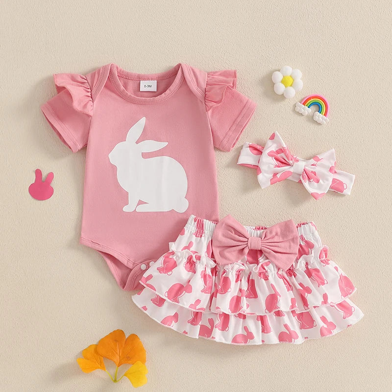 Adorable Baby Easter Outfit with Bunny Print Short Sleeve Romper Ruffled Shorts and Matching Headband - 3 Piece Set for Girls