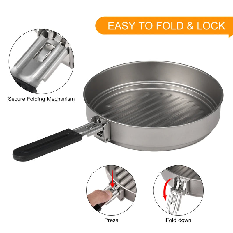 Lixada 1400ml Titanium Fry Pan with Foldable Handle Portable Ultralight Grill Frying Pan Outdoor Cooking Camping Picnic Cookware