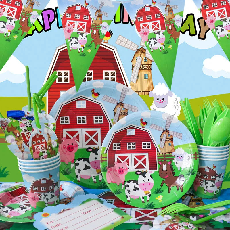 Farm Animal Theme Birthday Party Decorations Ranch Event Suppplies Cow Chicken Disposable Tableware Latex Aluminum Foil Balloon