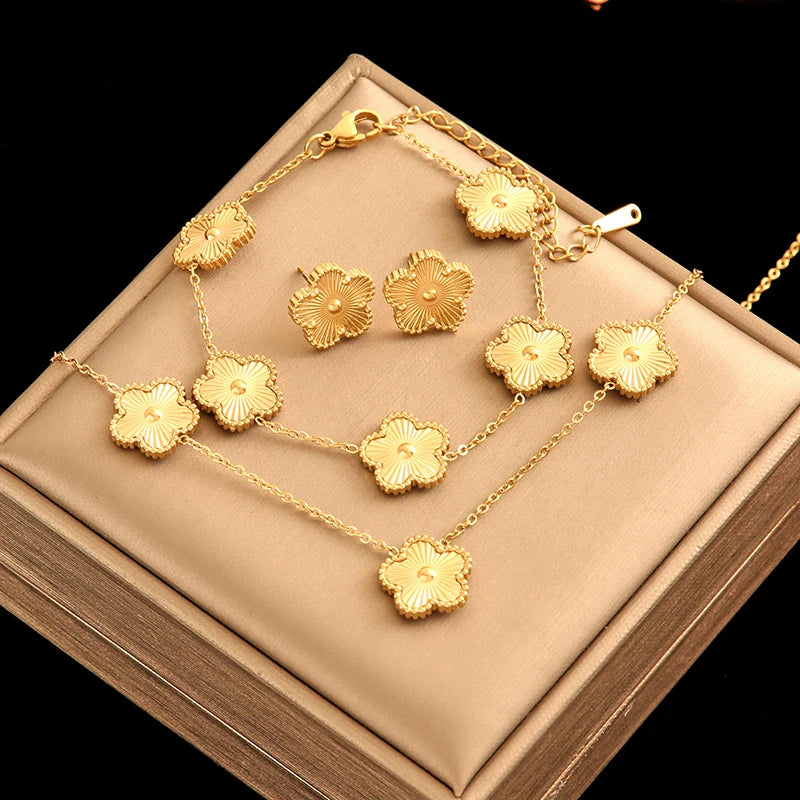 GANEMLY 316L Stainless Steel Golden Plum Blossom Plant Five Leaf Flower Set Necklace Earrings Bracelet Women Clover Jewelry Gift