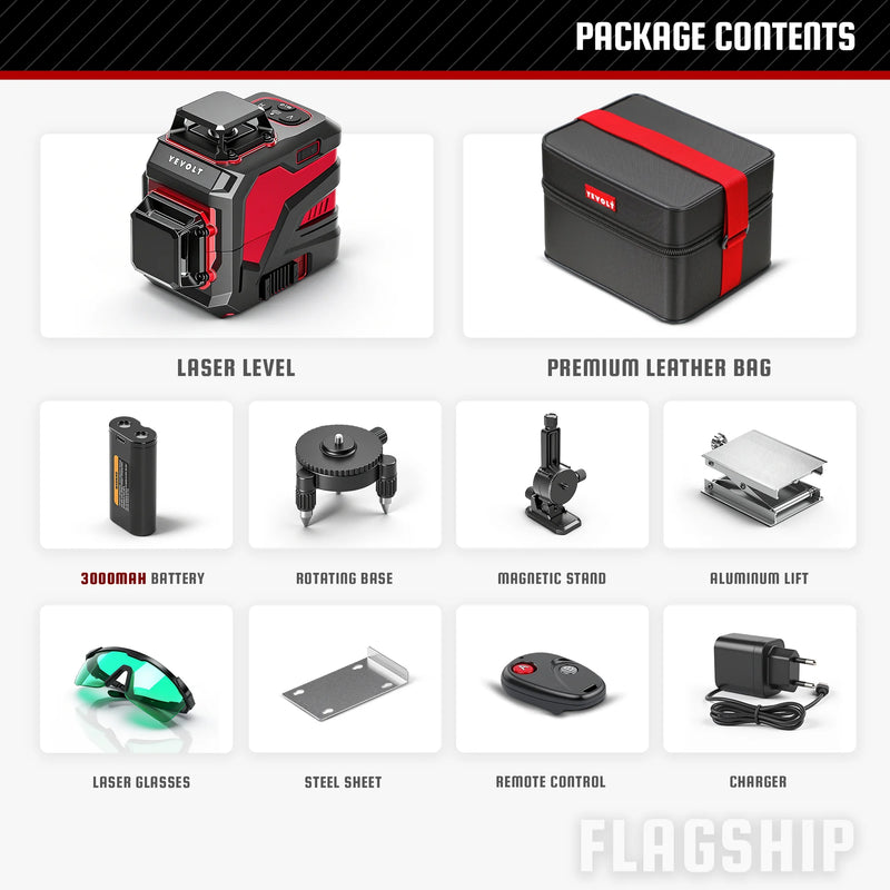 YEVOLT YVGLL4XS12 Series Green Laser Level 3-Plane 12-Line Self-leveling 360 3D Horizontal & Vertical 3.6V 3Ah Power Tools