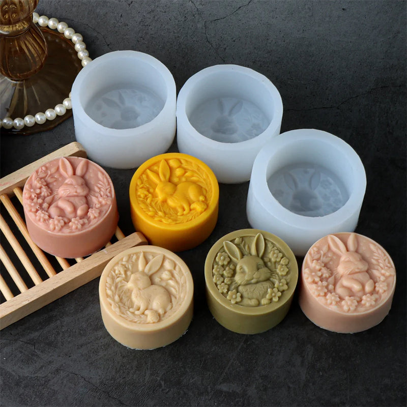 Easter Rabbit Silicone Soap Mold Bunny with Flower Round Silicone Molds Diy Cake Decorative Mousse Baking Tool Festival Gifts