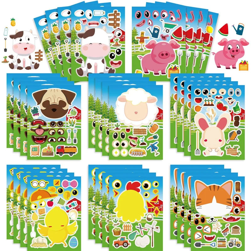 6-24Sheet Make A Face Sticker Pack for Kids Creative Make Your Own Dog Cat Sheep Farm Animal Stickers Children DIY Puzzle Jigsaw