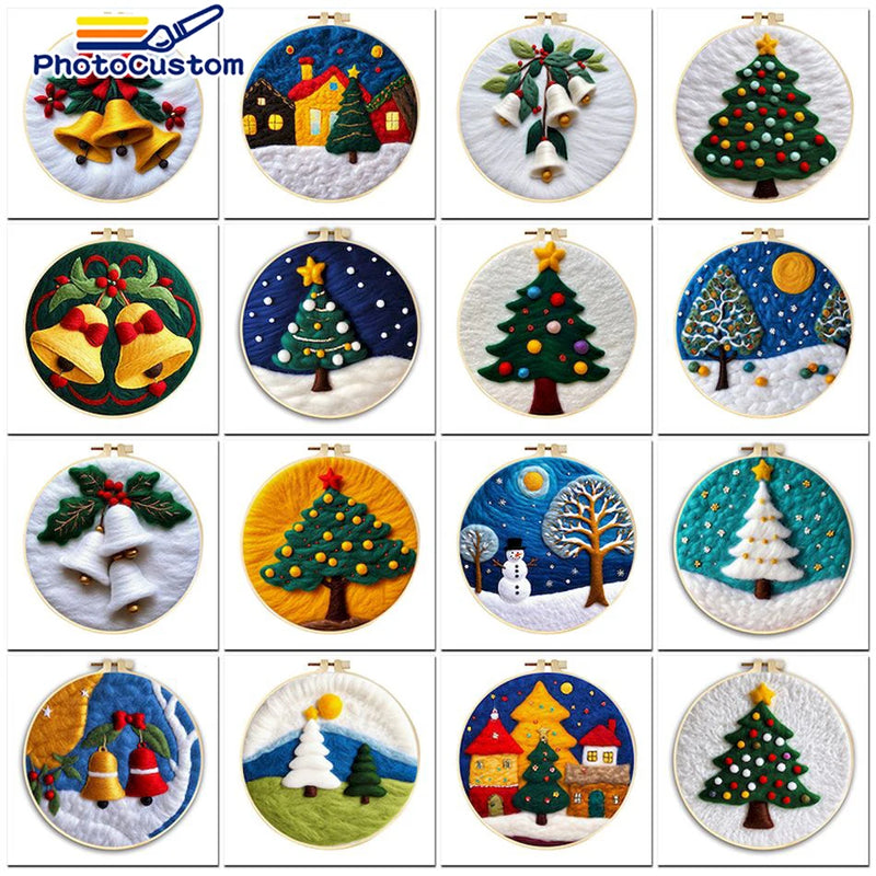 PhotoCustom 20x20cm Frame Needle Felting Kit Christmas Tree Needle Felting Patterns For Beginners Wool Felting Set DIY Craft