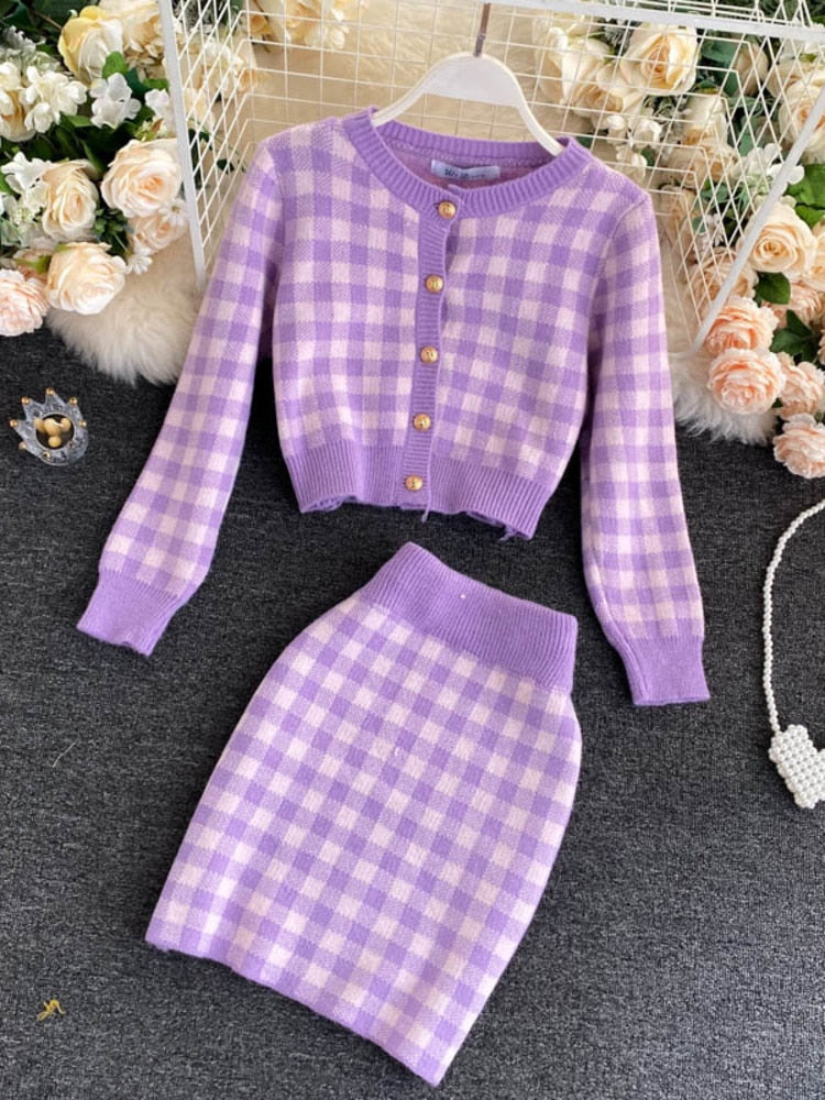 Korean Sweet Knit Plaid Cardigans + Camisole + Skirts 3pcs Sets Girls Short Sweater Coat + Vest + Mini Skirt Suits Women Outfits