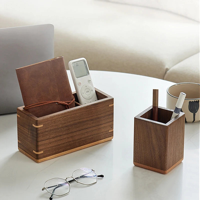 Office Home Desktop Organizer Black Walnut Ebony Wooden Storage Box Multi Compartment Remote Control Stationeries Pen Holder