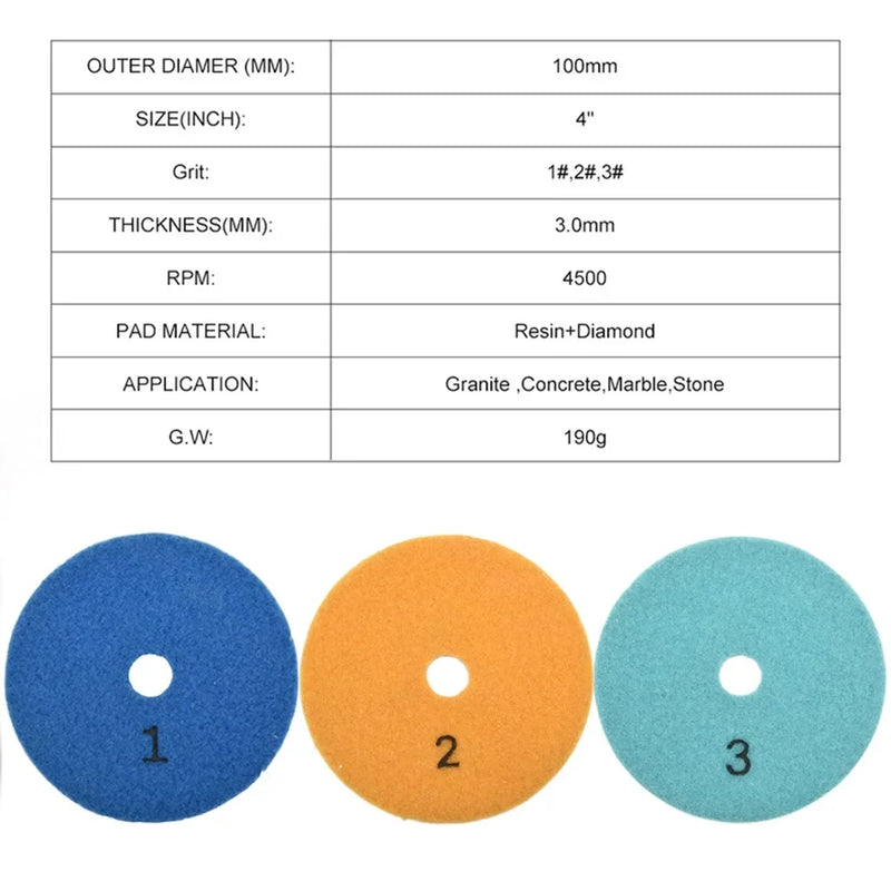 3PC Polishing Pads Granite Polishing Tool Pad Sanding Disc 4 Inch 100mm Dry/Wet Diamond 3 Step Polishing Granite Marble Disk