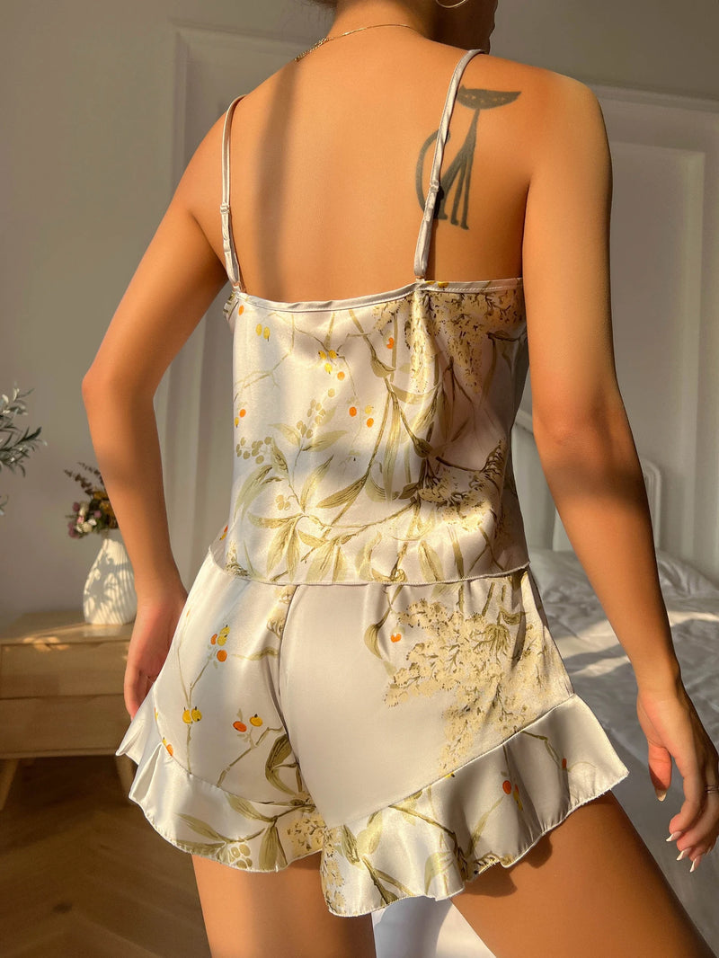 Elegant Floral Print Cami Tops   Ruffle Hem Shorts Pajama Set  Women's Sleepwear  Loungewear