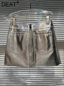 DEAT Shiny PU Leather Zipper Design Skirts Women's Streetwear High Waist Trend Pocket Wrap Hip Skirt Female 2024 Spring 11XX1221