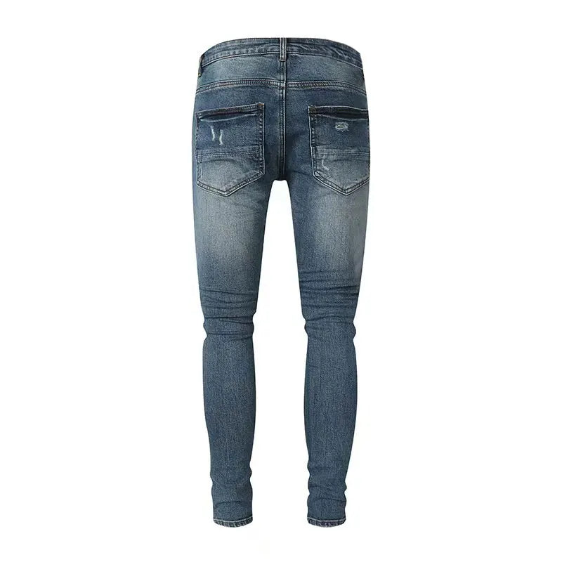 Street Fashion Men Jeans Retro Blue Stretch Skinny Fit Ripped Jeans Men Red Leather Patched Designer Hip Hop Brand Denim Pants