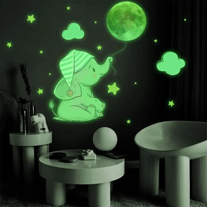 Moon Baby Elephant Luminous Wall Sticker Baby Kids Room Bedroom Decoration Decals Glow In The Dark Home Decoration Stickers