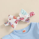 Adorable Baby Girl Easter Outfits with Bunny Embroidery Long Sleeve Romper Suspender Skirt and Headband - 3 Piece Set for