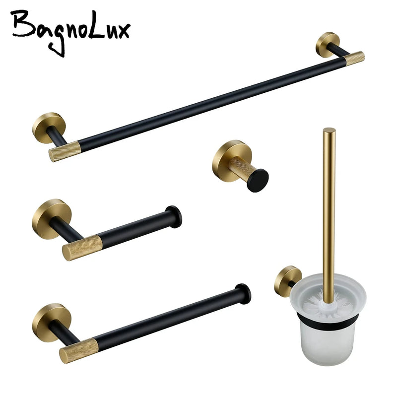 Towel rack Wall Mounted Towel Rack Brushed Gold Paper Holder& Matte Black Hook Knurled and Combined Colors Toilet Brush Holder