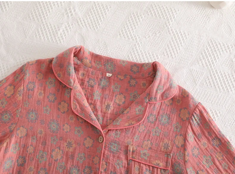 Floral Printed Cotton Women's Pajamas Suit for Spring and Autumn Jacquard Long Sleeved Large Size Home Women Sleepwear Set