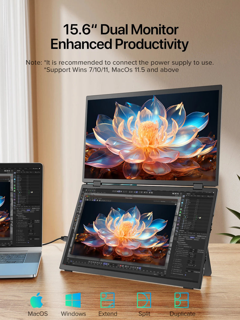 UPERFECT Laptop Screen Extender 15.6 Inch 1080P 360° Foldable Dual Monitors 100% sRGB HDMI USB-C Stacked Triple Portable Monitor