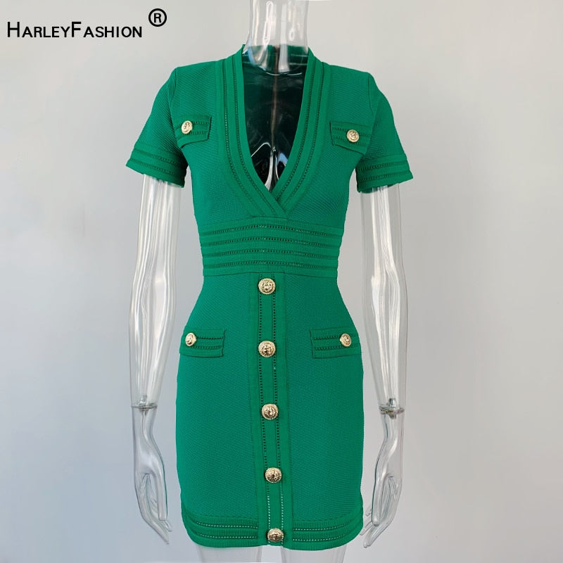 HarleyFashion New Design 2023 Summer Sheath Knit V-neck Short Sleeve Black Hole Mini Casual Quality Straight Elastic Dress