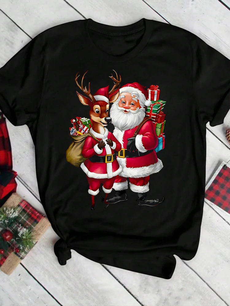 Merry Christmas Santa Claus Deer Print Women T-Shirt Fashion Short Sleeve T Shirt Streetwear Harajuku Female Tees Tops